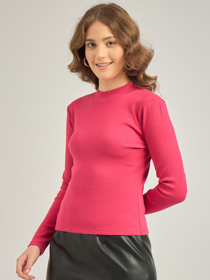 Pink Basic Solid Fitted Ribbed Top