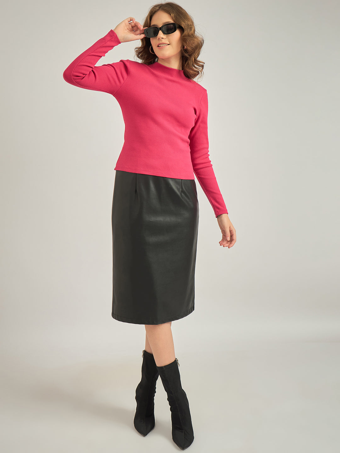 Pink Basic Solid Fitted Ribbed Top