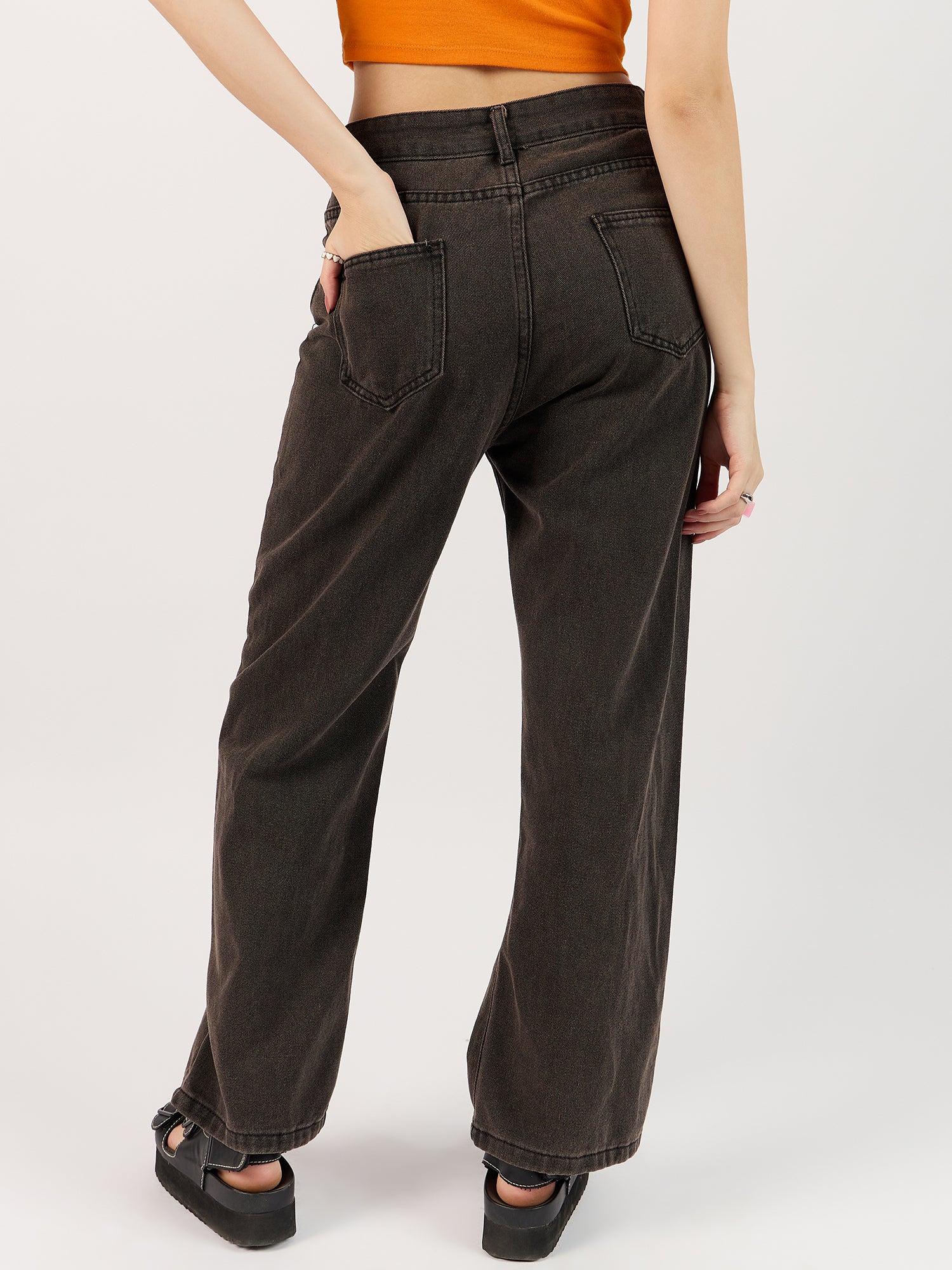Solid Brown Straight Denim