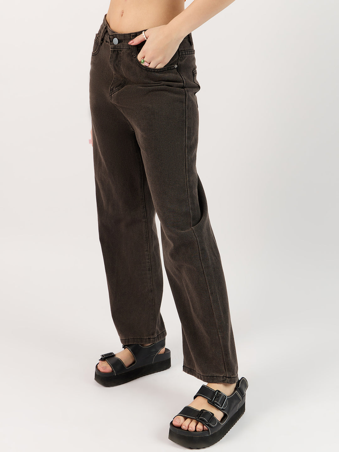 Solid Brown Straight Denim