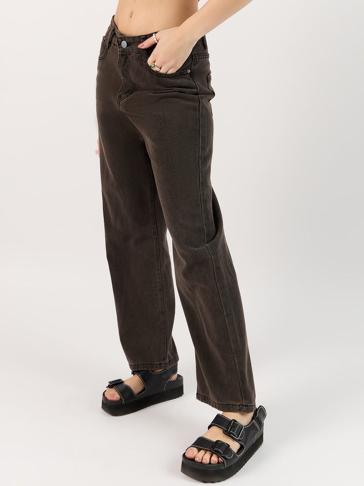 Solid Brown Straight Denim