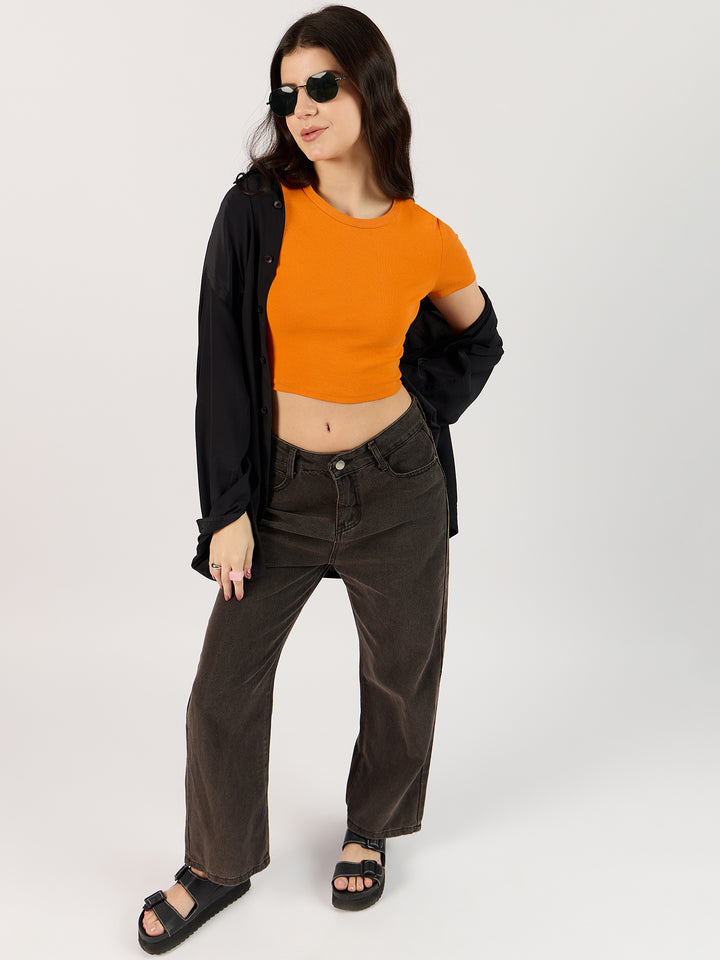 Solid Brown Straight Denim