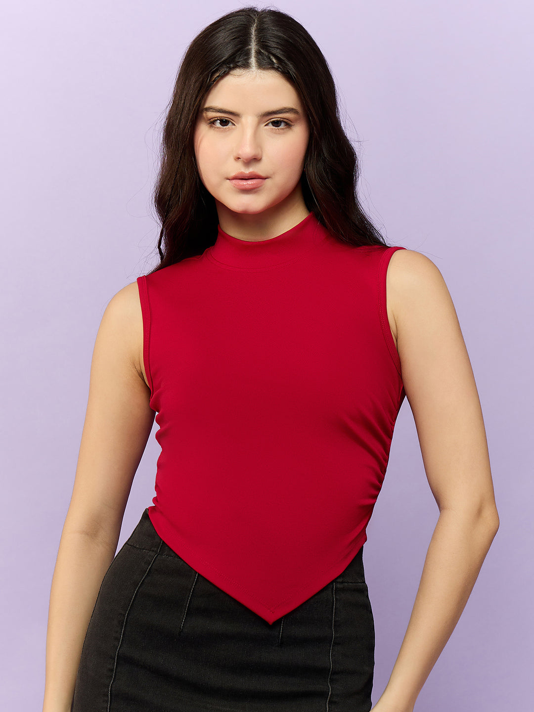 Red High Neck Side Ruched Top