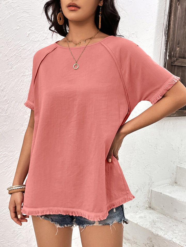 Pink Crew Neck Fringe Hem Tshirt