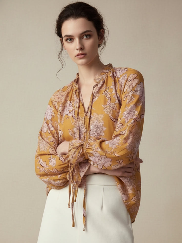 Yellow Printed Crinkle Textured High Neck Tie Up Top