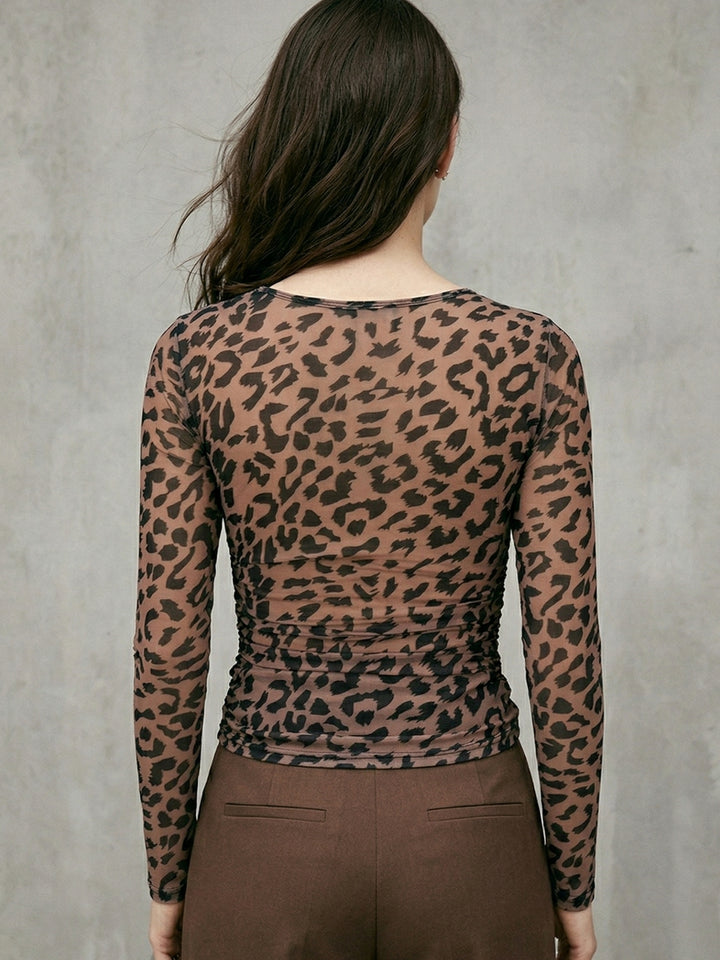 Brown Animal Printed Neck Cut-Out Top