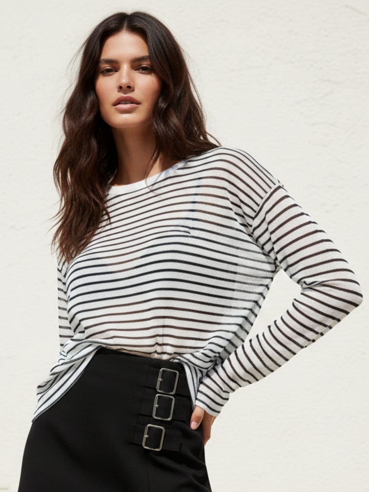 White Full Sleeve Striped Relaxed Round Neck T Shirt