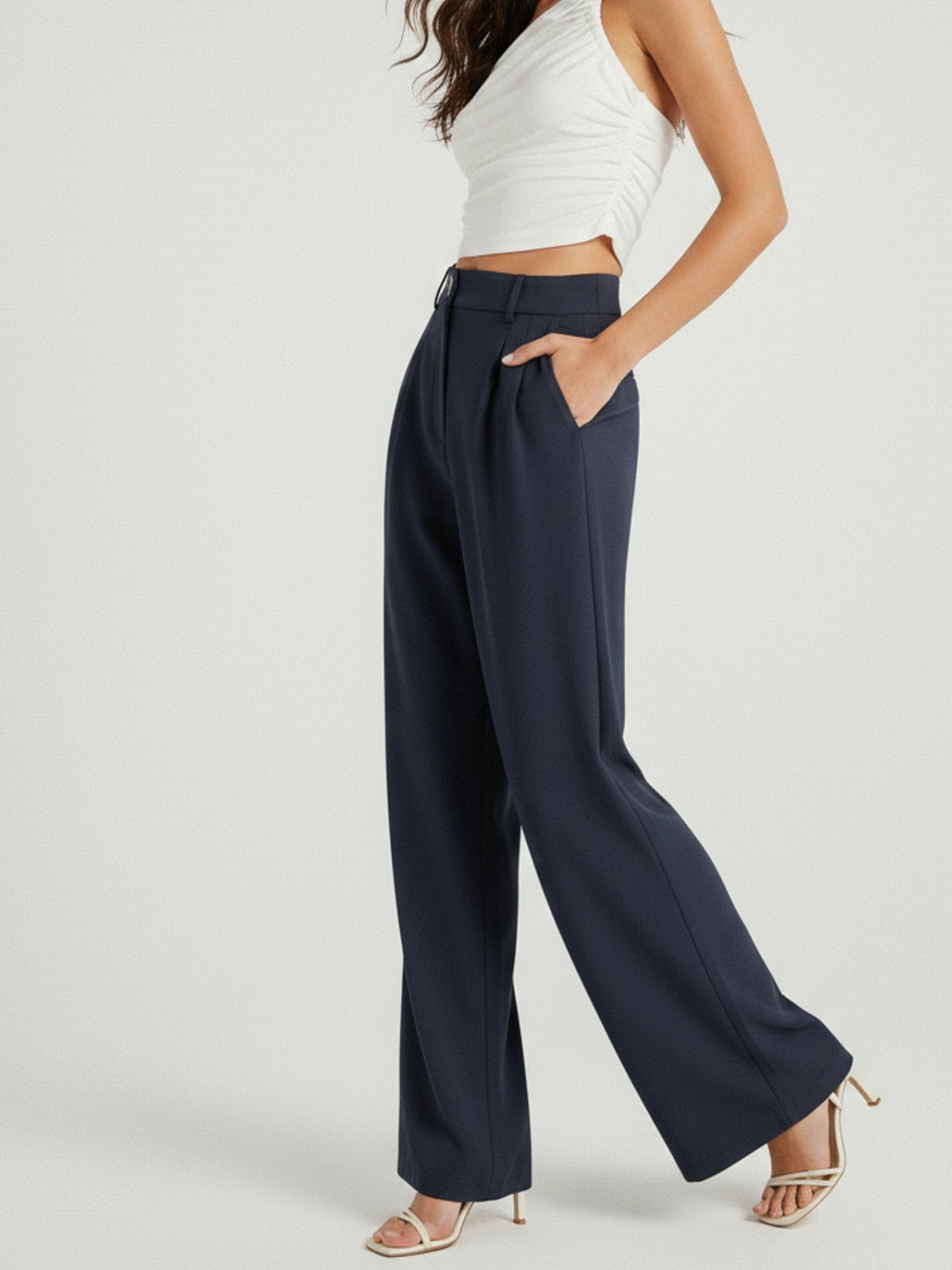 Navy Blue Wide Leg Pleated Pants