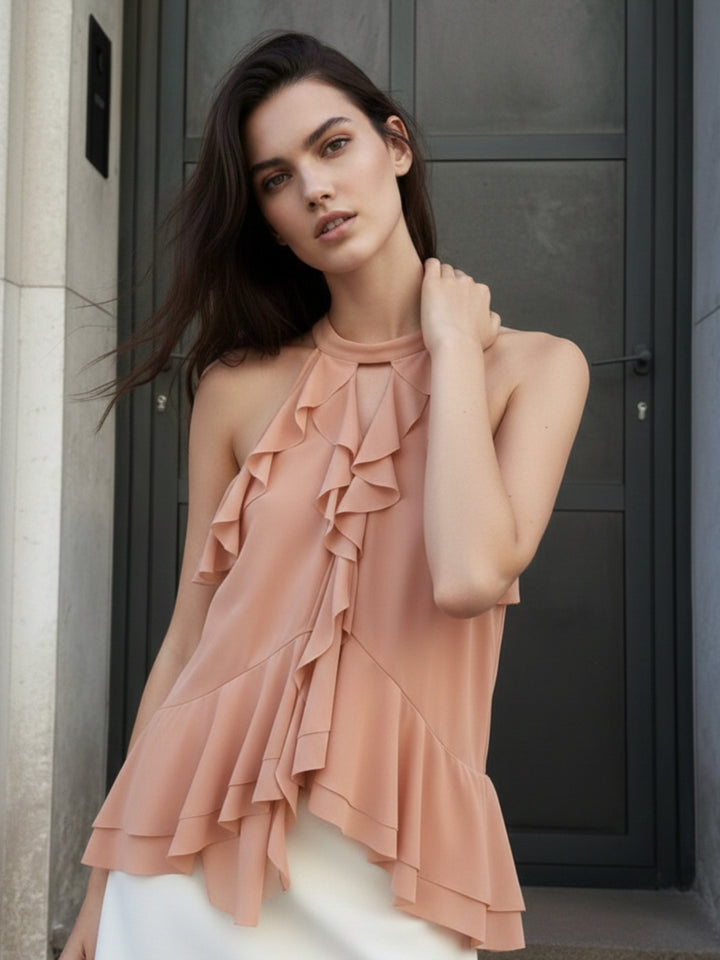Pink Halter Neck Ruffled Top