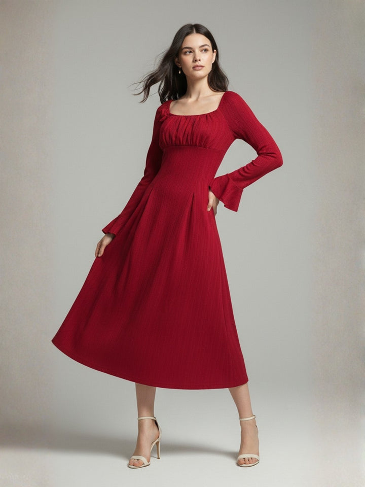 Red Square Neck Cinched Waist Dress With Floral Corsage