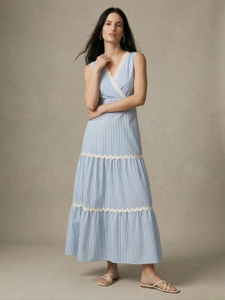 Blue Sleeveless V Neck Dress