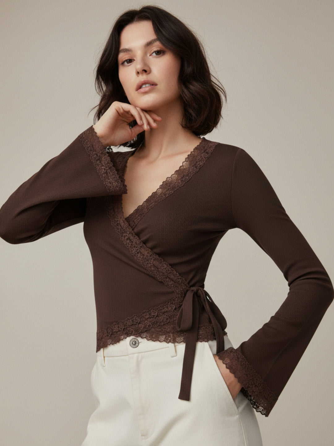 Brown Wrap Tie Up Solid Top