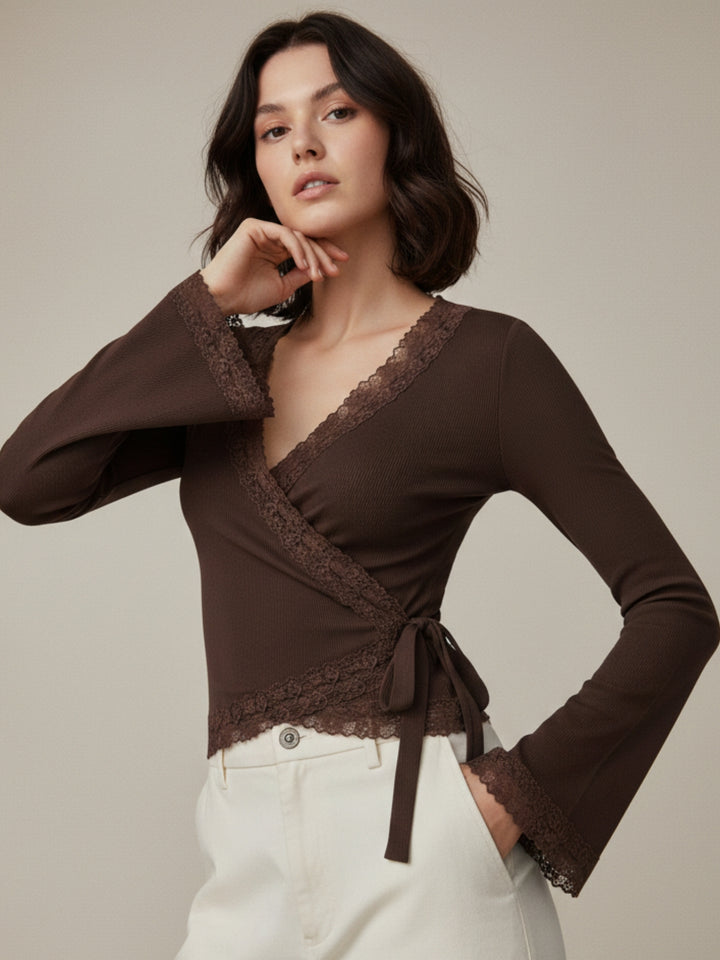 Brown Wrap Tie Up Solid Top