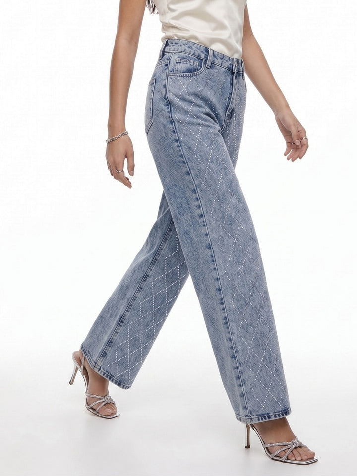 Blue Studded Wide Leg Jeans