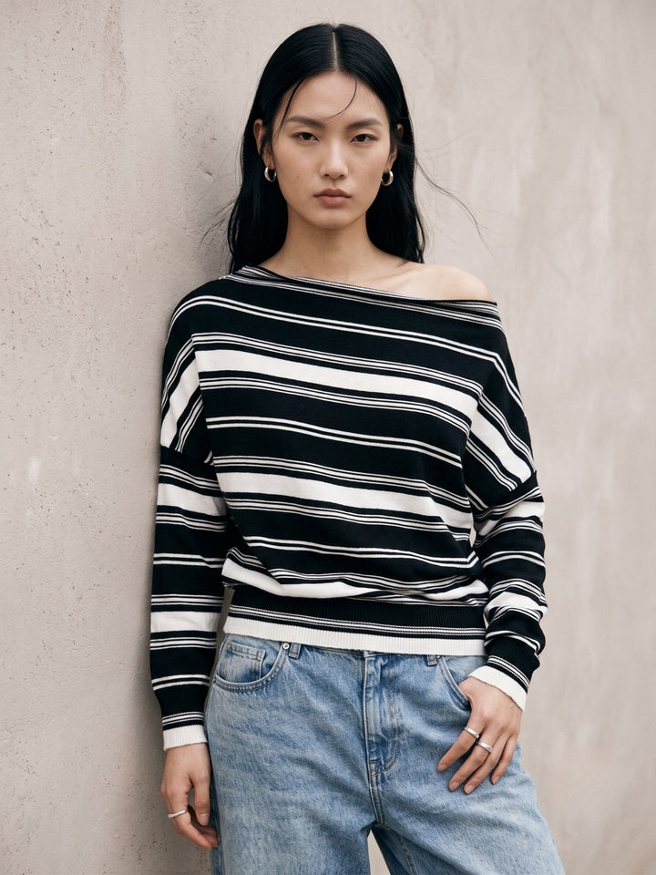 Black Off-Shoulder Thick Striped Top