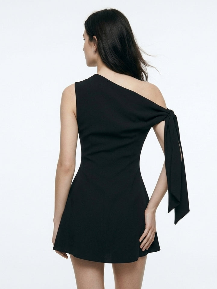 Black Off-Shoulder Cinched Waist Dress