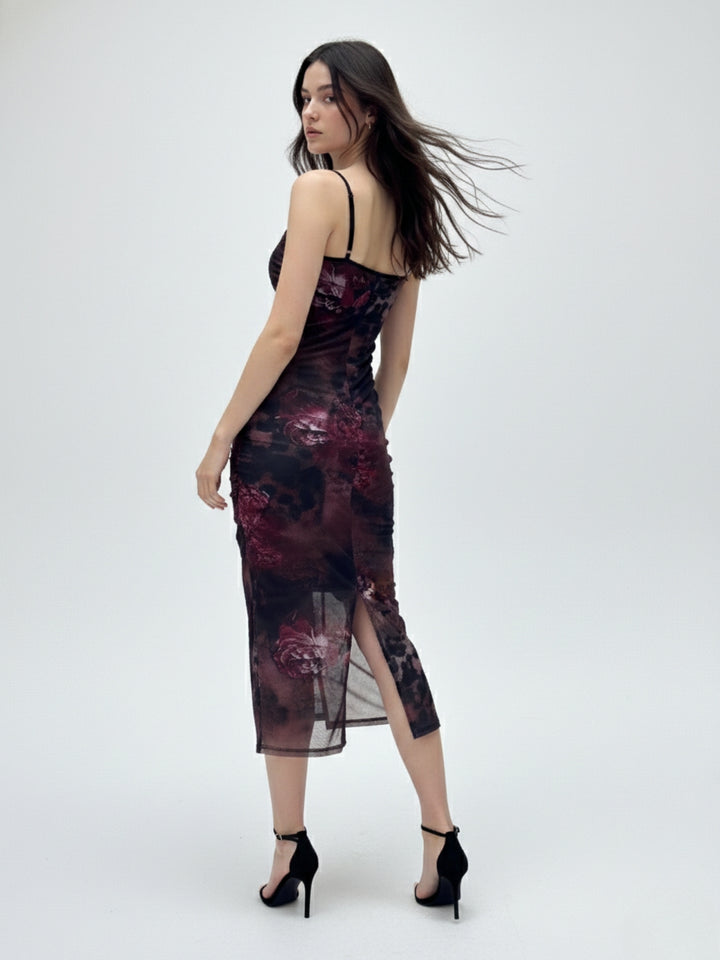 Red Printed Mesh Dress With Lace Inserts