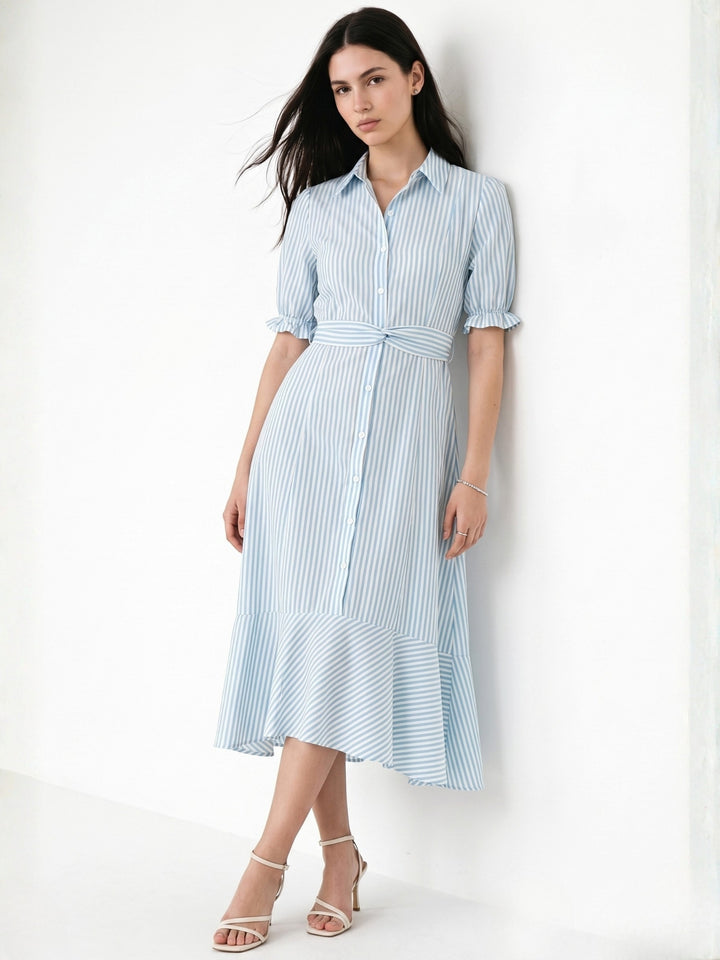 Blue Striped Button Down Shirt Dress With Belt Tie Up