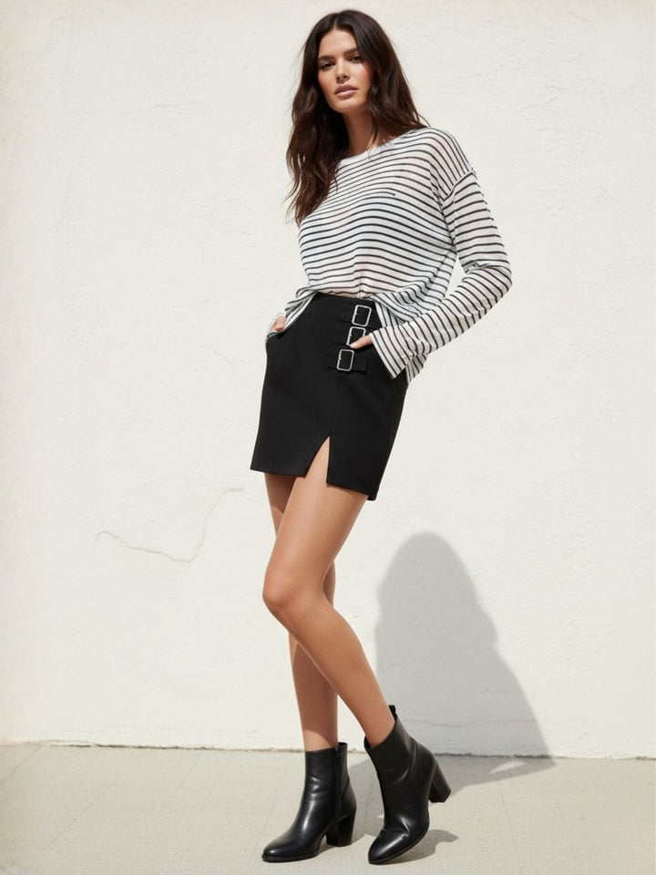 White Full Sleeve Striped Relaxed Round Neck T Shirt
