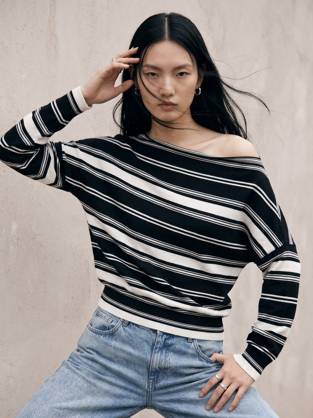 Black Off-Shoulder Thick Striped Top