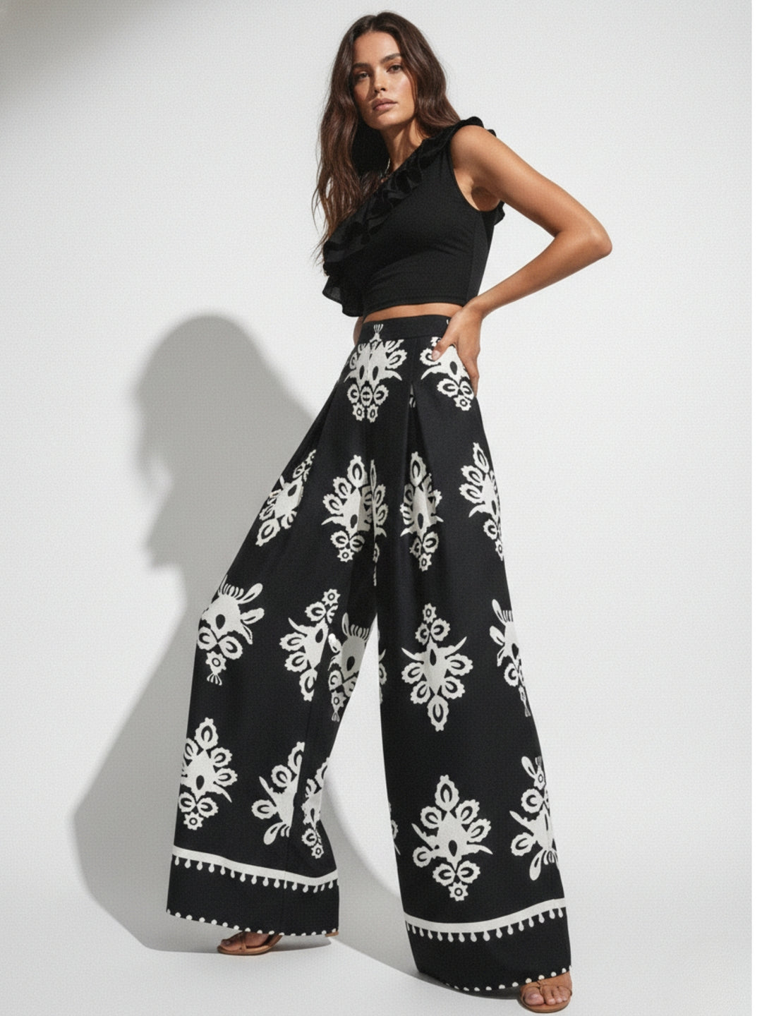 White One Shoulder Top And Printed Pant Set