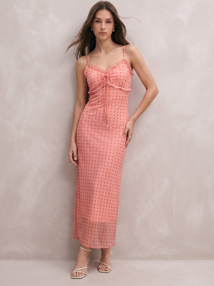 Pink Sweetheart Neck Polka Printed Mesh Dress