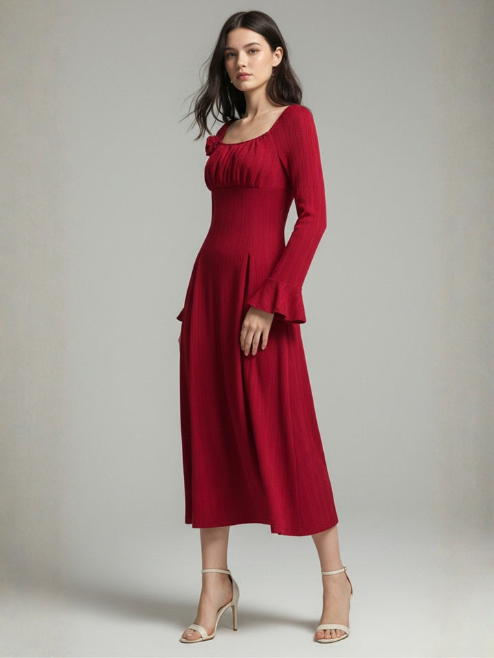 Red Square Neck Cinched Waist Dress With Floral Corsage