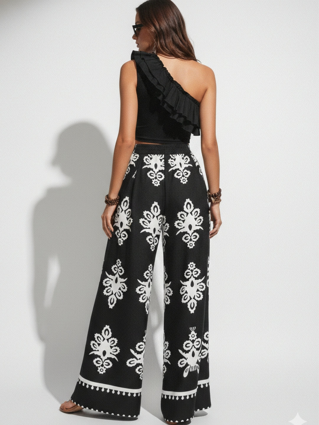 White One Shoulder Top And Printed Pant Set