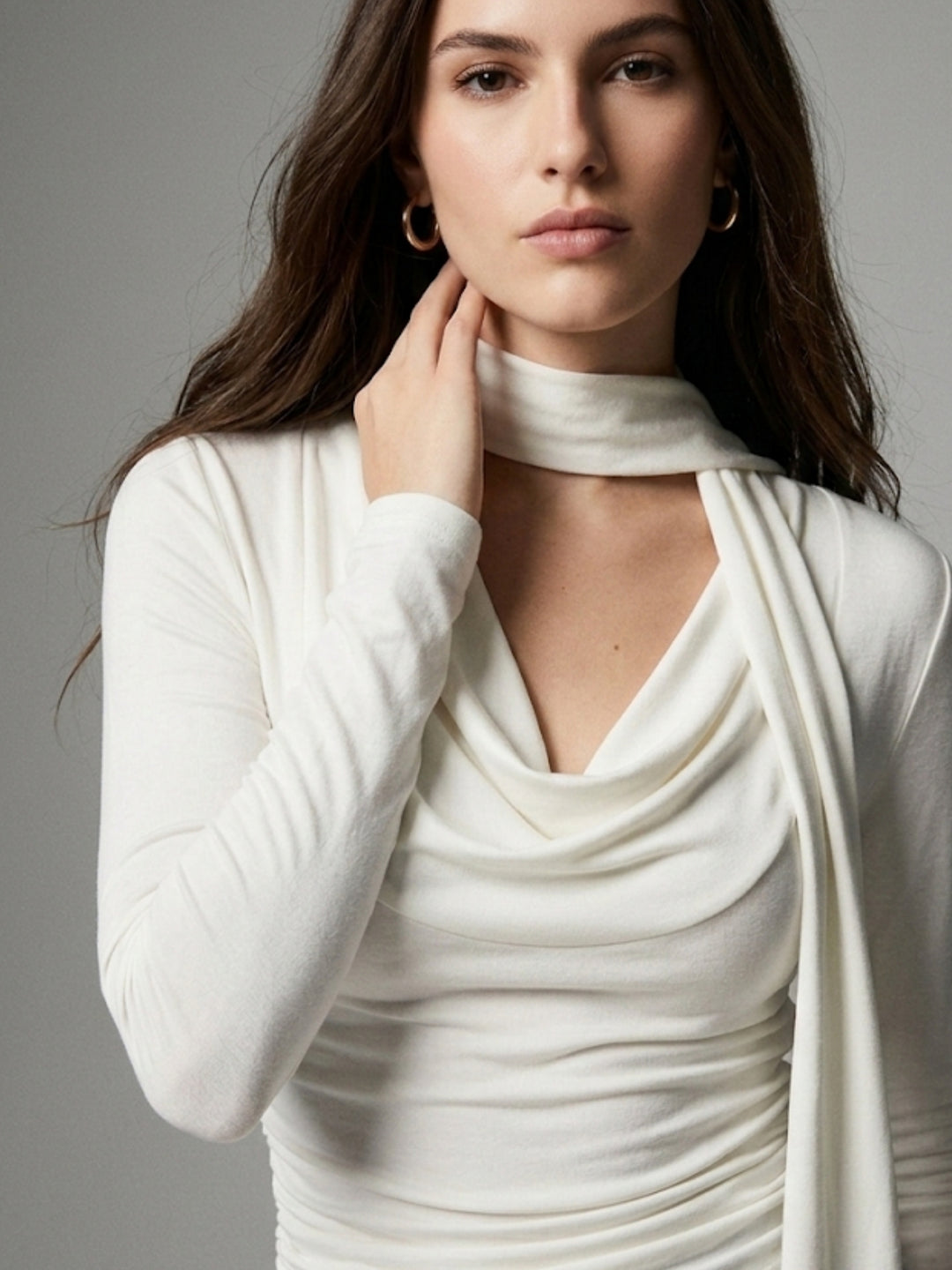 White Cowl Neck With Scarf Top