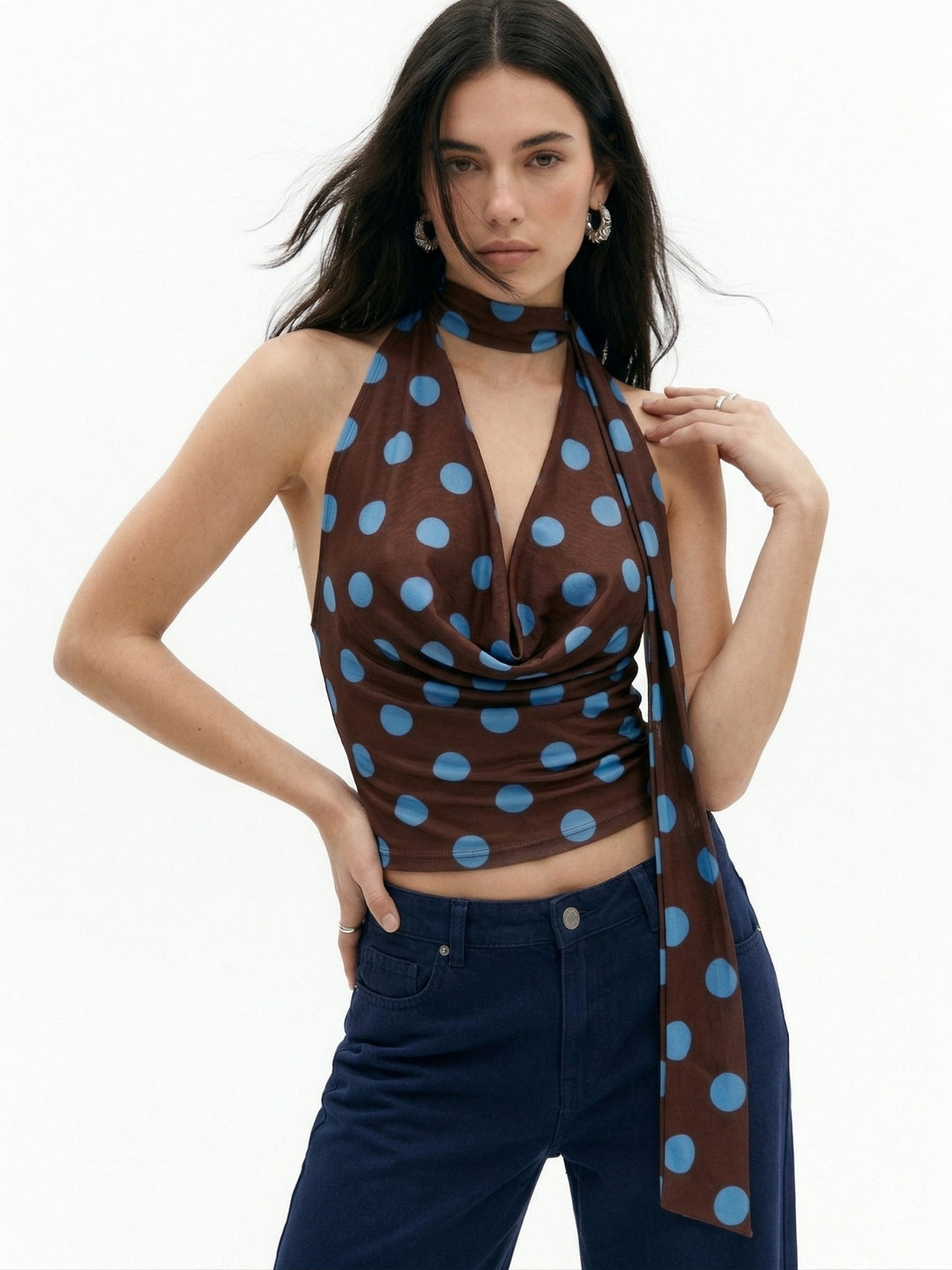 Brown Neck Wrap Polka Printed Top