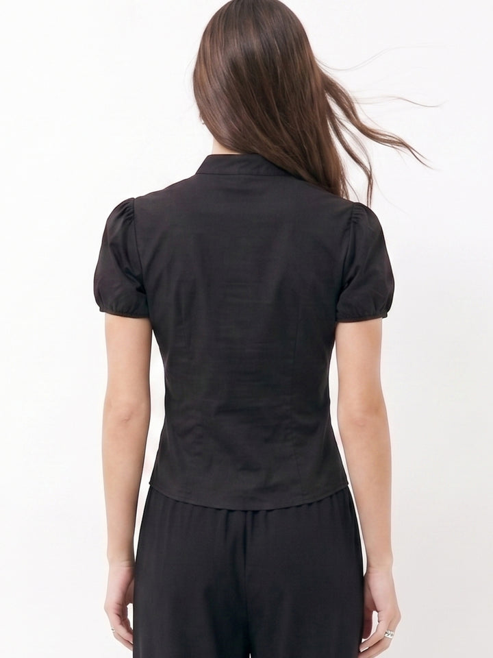 Black High Keyhole Neck Tie Up Shirt