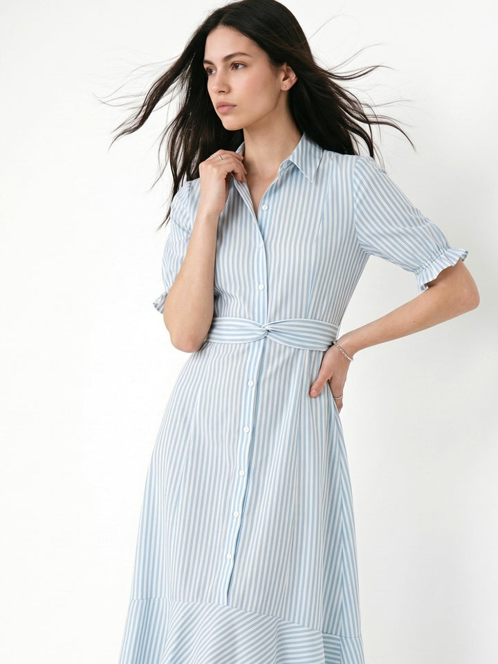 Blue Striped Button Down Shirt Dress With Belt Tie Up