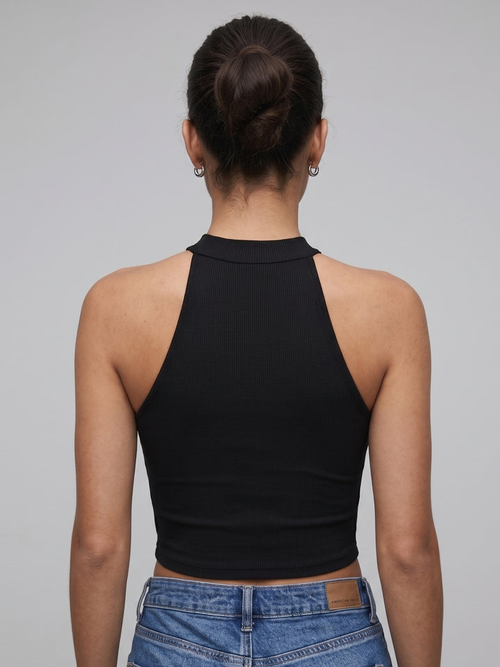 Black Halter Neck Knit Top