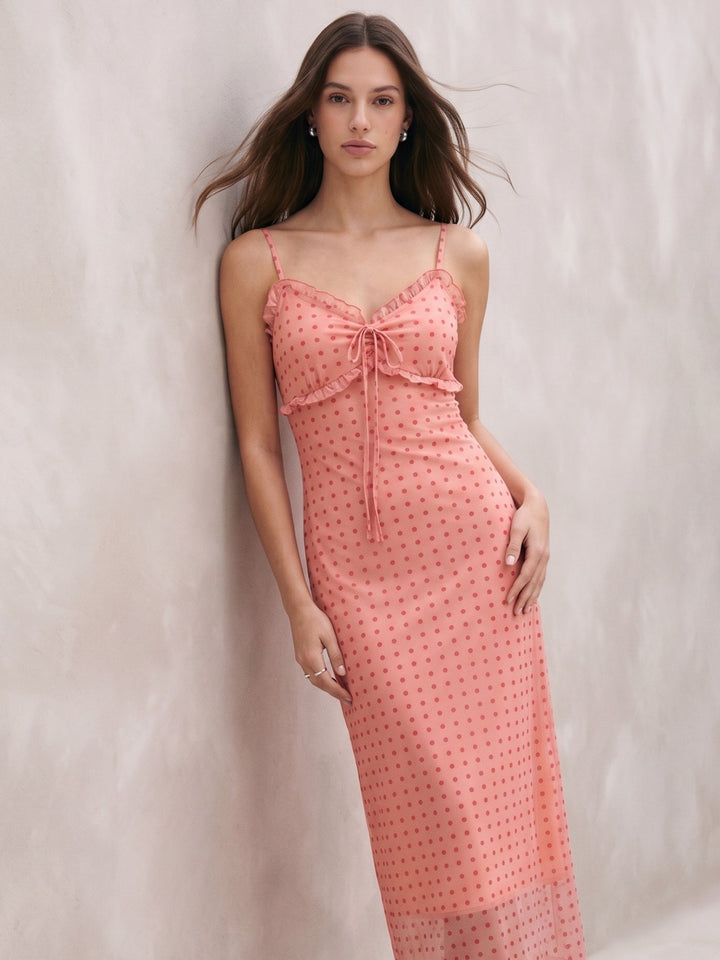 Pink Sweetheart Neck Polka Printed Mesh Dress