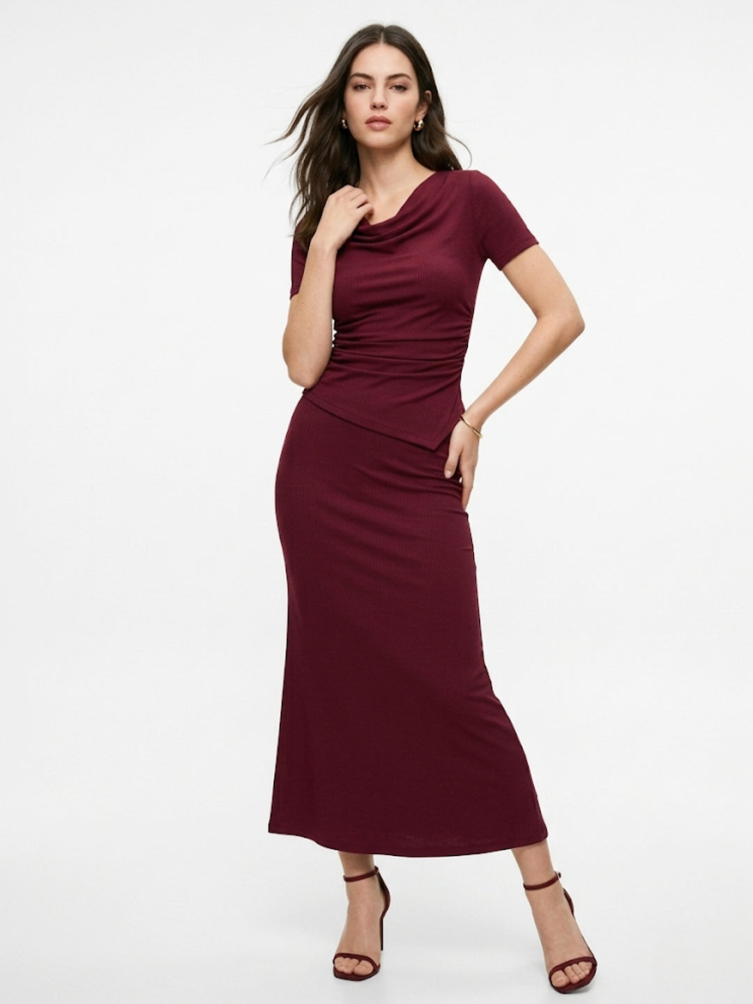 Burgundy High Neck Fitted Top And Fishtail Skirt Co-Ord Set