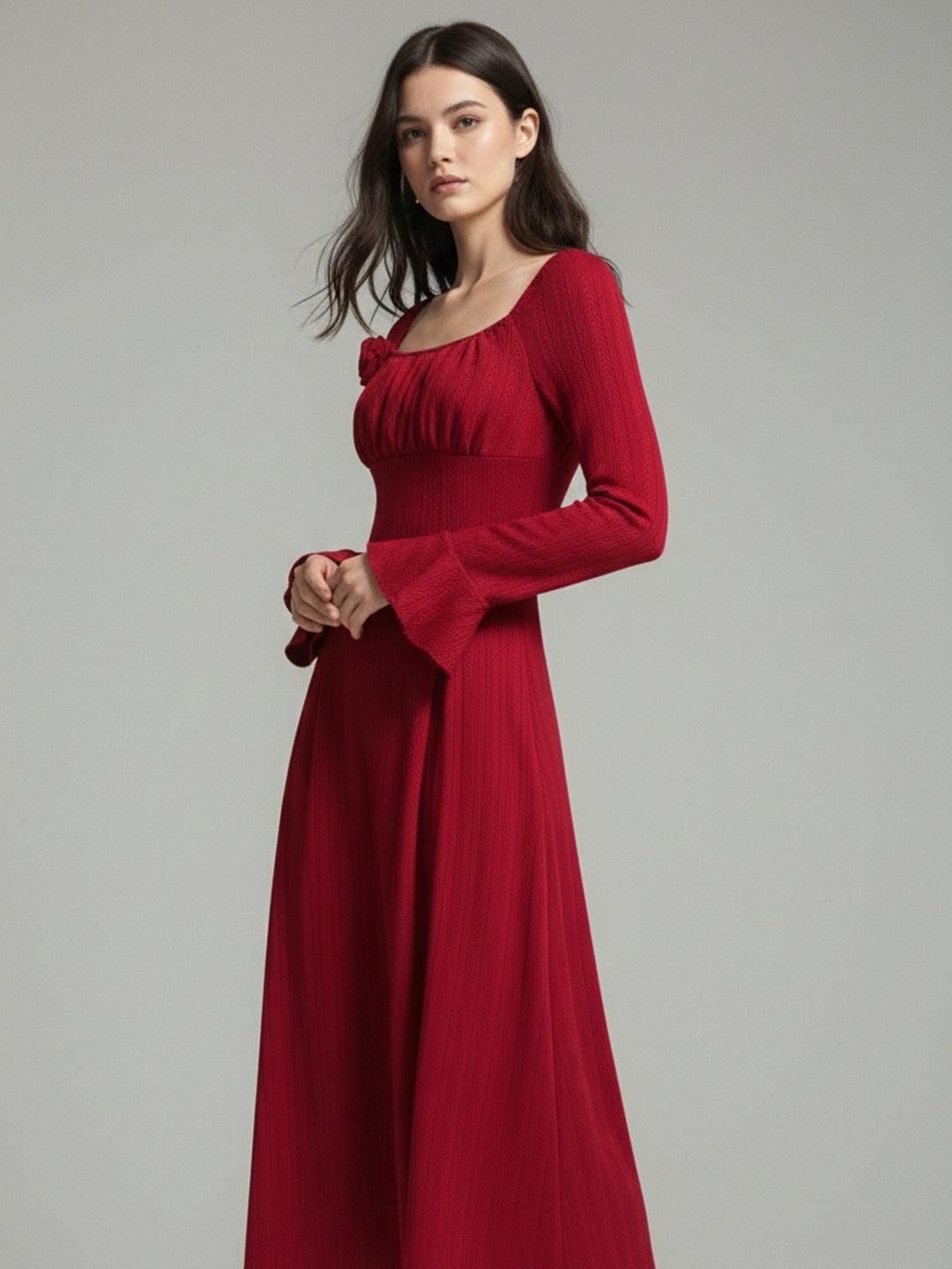 Red Square Neck Cinched Waist Dress With Floral Corsage