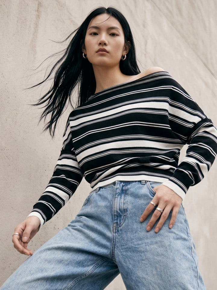 Black Off-Shoulder Thick Striped Top