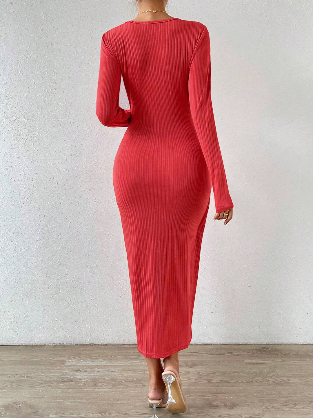 Red Plunge Neck Everyday Dress