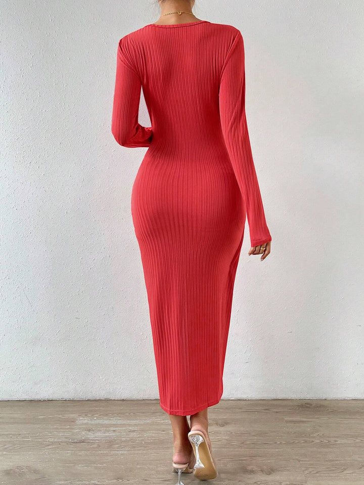 Red Plunge Neck Everyday Dress