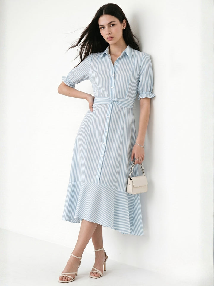 Blue Striped Button Down Shirt Dress With Belt Tie Up