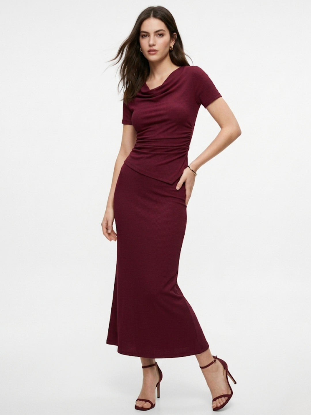 Burgundy High Neck Fitted Top And Fishtail Skirt Co-Ord Set