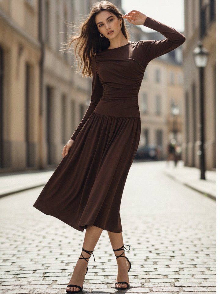Brown Fitted Waist Solid Flared Hem Dress