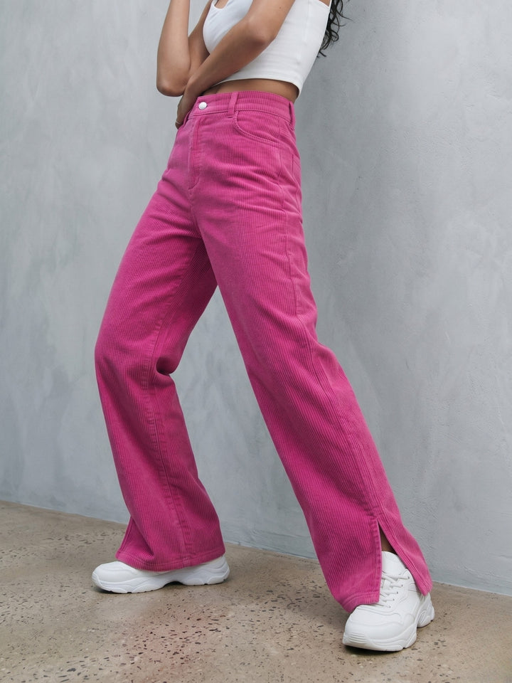 Pink Corduroy Trouser With Side Slit