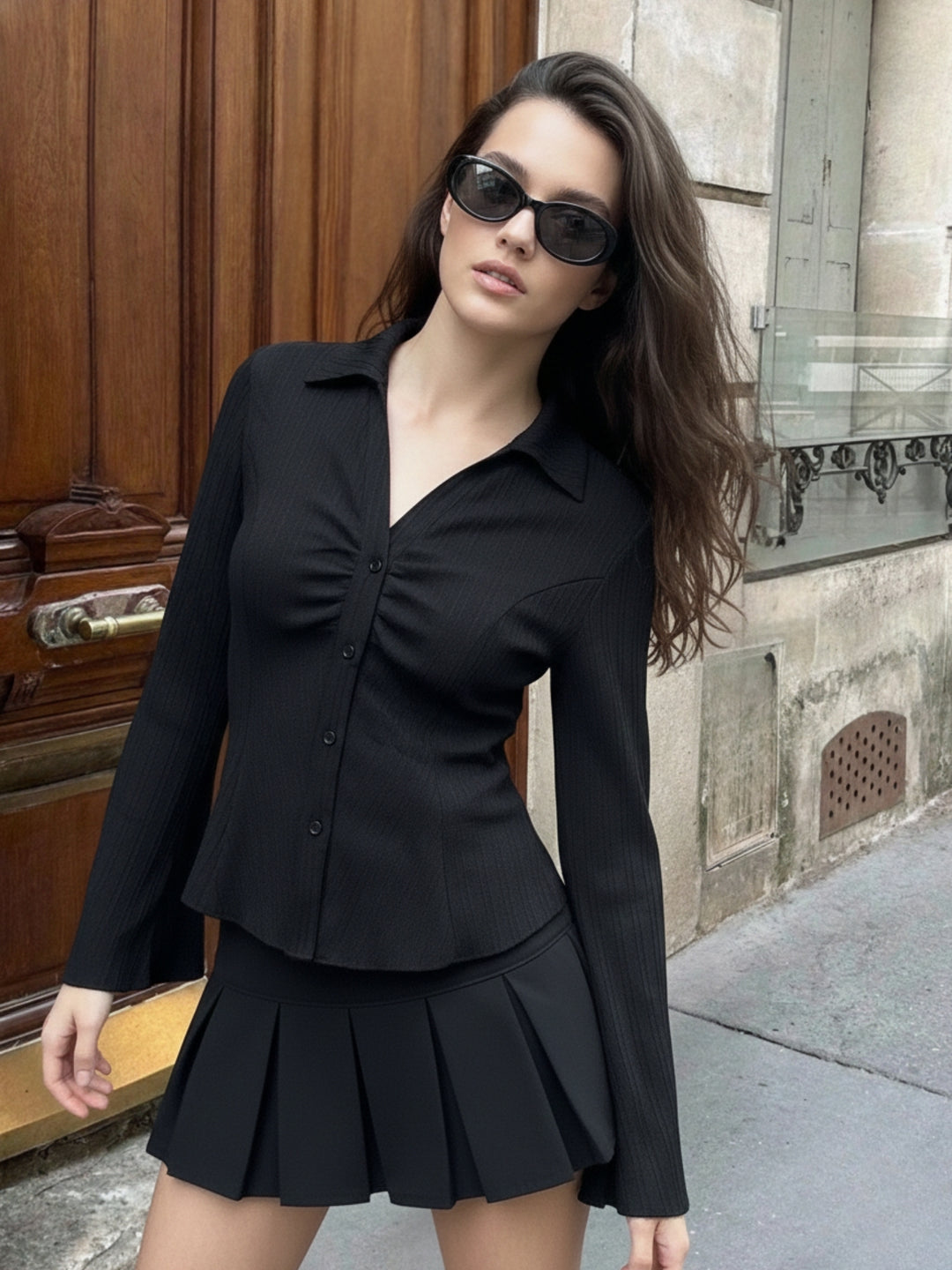 Black Textured Button Down Cinched Waist Shirt