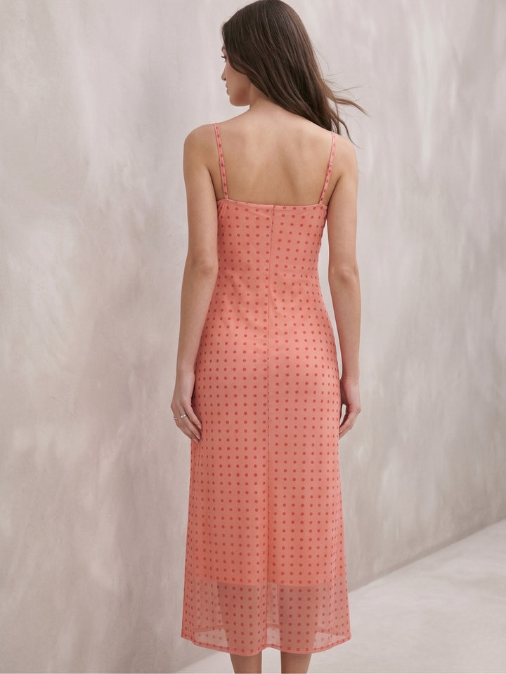Pink Sweetheart Neck Polka Printed Mesh Dress