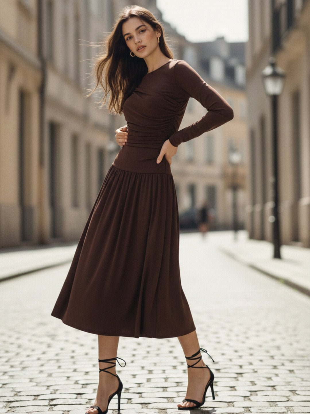 Brown Fitted Waist Solid Flared Hem Dress