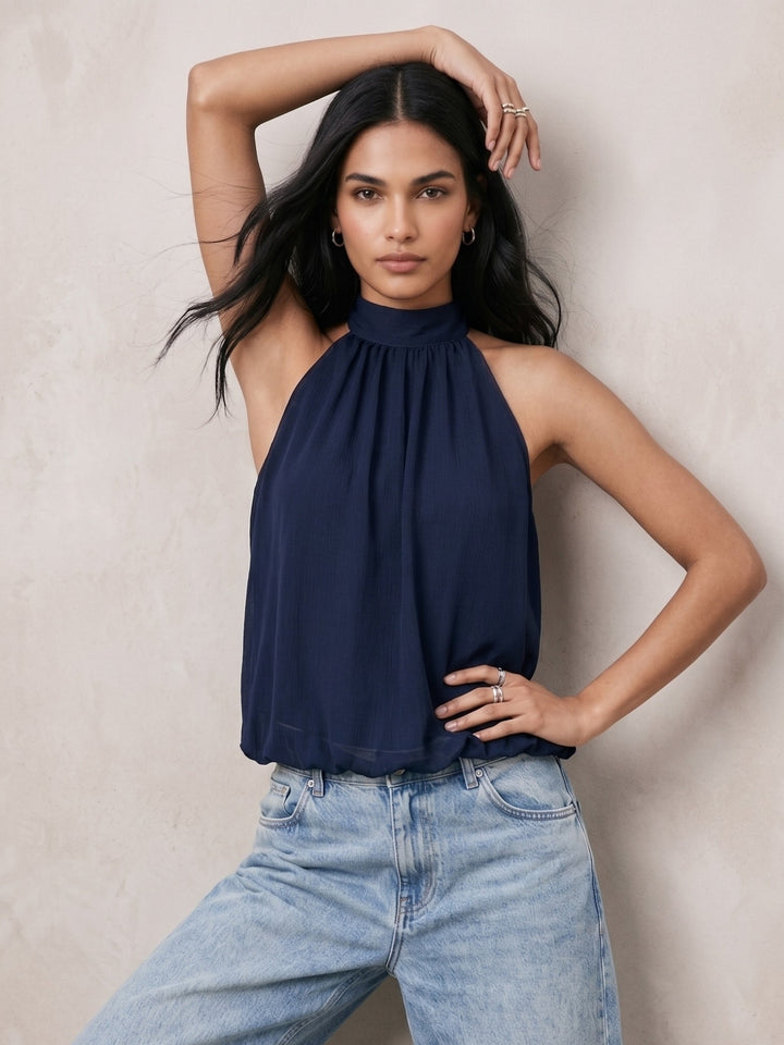 Navy Blue Halter Neck Flouncy Top