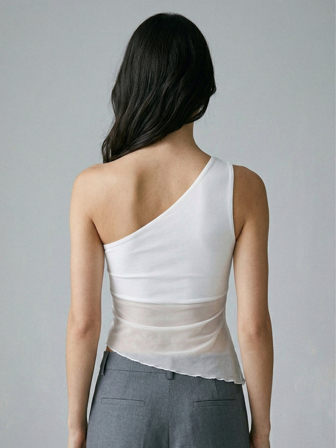White One Shoulder Mesh Top