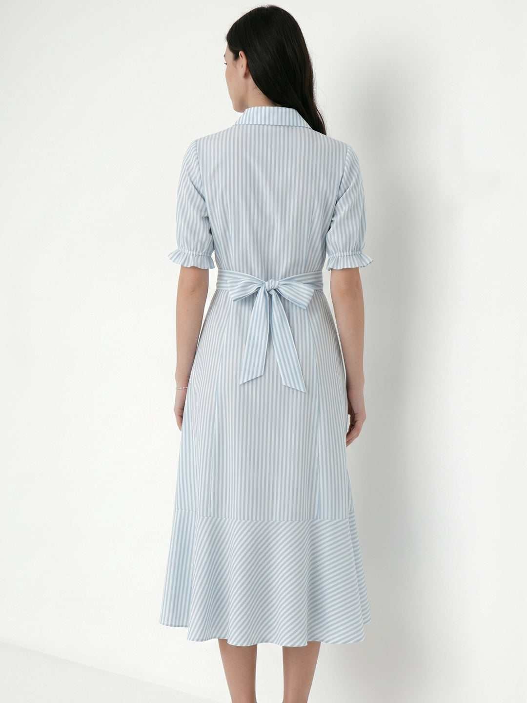 Blue Striped Button Down Shirt Dress With Belt Tie Up