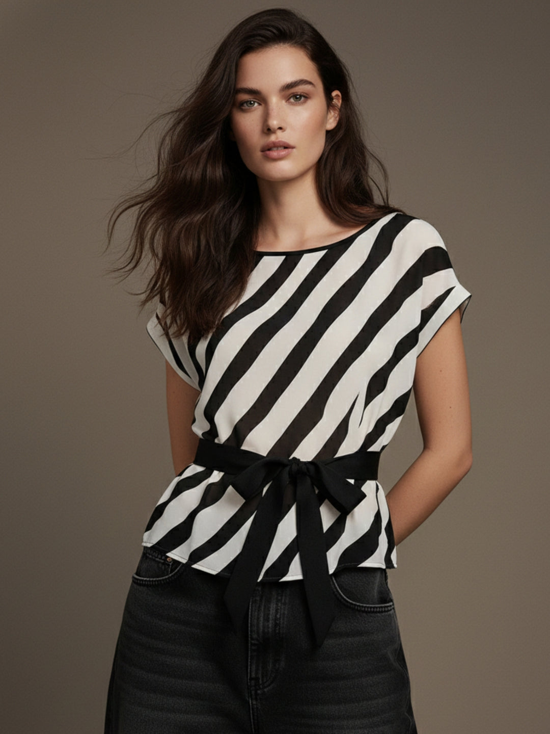 White Dual Striped Top With Waist Tie Up Detail